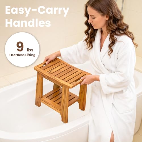 NNN 18" Standard Teak Shower Bench with Shelf & Handle - Waterproof, Non-Slip Bath Stool, 300 lbs Capacity - Fits Standard Tubs/Showers & Outdoor Use (Patented) - Image 4