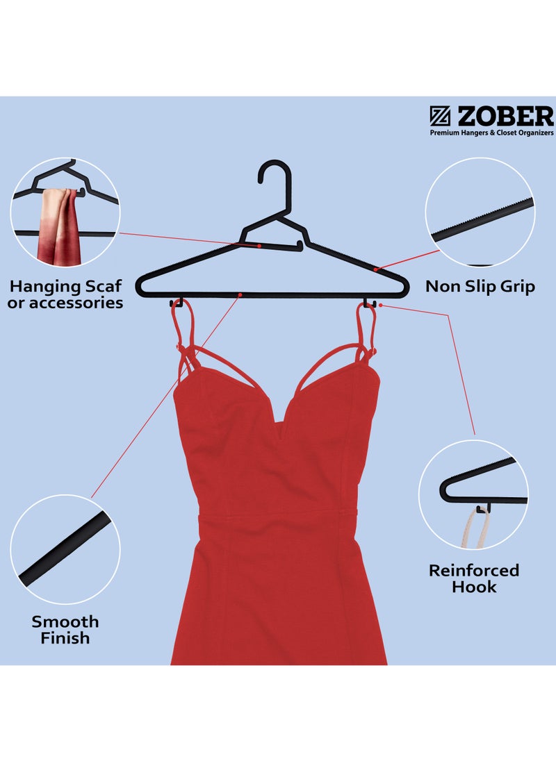 ZOBER Heavy Plastic Hangers with Strap Hooks, Non slip, Durable & Slim, Light-Weight Clothes Hangers For Coats, Jackets & Pants, Shirts, Dresses Hangs upto 10lbs (BLACK, 100 PACK)  - Image 2