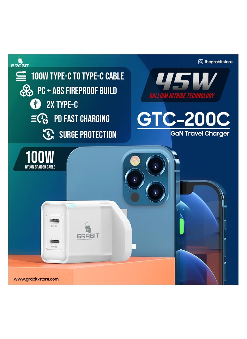 GRABIT - Wall Charger 45W PD Dual USB GaN Charger Fast & Compact Charge multiple devices simultaneously with 45W power delivery and dual USB ports. GaN technology ensures efficient, compact, and travel-friendly design. Compatible with iPhone, Samsung, OnePlus, Xiaomi, Huawei, Google Pixel, iPads, MacBooks, and more. Perfect for home, office, and travel. - Image 1