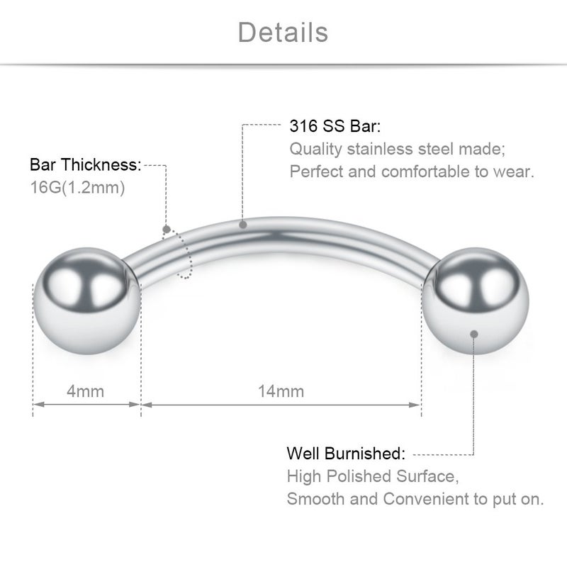 SCERRING 16G Curved Barbell Nipplerings Snake Eyes Tongue Ring Piercing Stainless Steel 9/16Inch 12PCS - Image 2