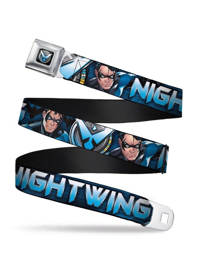 Buckle Down Men's Seatbelt Belt Nightwing Kids, Poses/Logo Black/Blues, 1.0" Wide-20-36 Inches, Multicolor, 1.5" Wide - 24-38 Inches in Length - Image 1