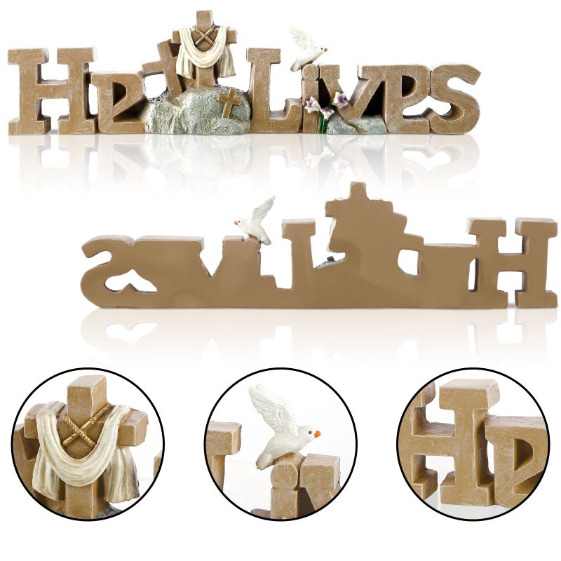 Yookeer He Lives Easter Table Top Decoration Christian Resin Sign with Cross Flowers Centerpieces for Rustic Home Dining Room Spring Decor(Classic) - Image 3