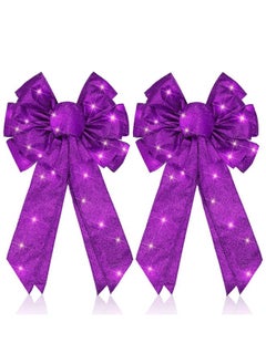 Giegxin Giegxin 2 Pcs Lighted Christmas Bows LED Wreath Bow Xmas Purple Burlap Bow 18 x 10 Inch Glitter LED Lights Bow Winter Door Wall Decor Christmas Tree Topper for Indoor Outdoor Decoration  - Image 1