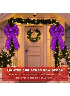 Giegxin Giegxin 2 Pcs Lighted Christmas Bows LED Wreath Bow Xmas Purple Burlap Bow 18 x 10 Inch Glitter LED Lights Bow Winter Door Wall Decor Christmas Tree Topper for Indoor Outdoor Decoration  - Image 3