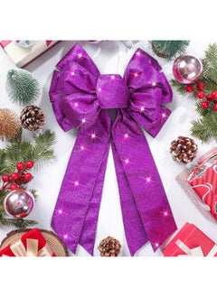 Giegxin Giegxin 2 Pcs Lighted Christmas Bows LED Wreath Bow Xmas Purple Burlap Bow 18 x 10 Inch Glitter LED Lights Bow Winter Door Wall Decor Christmas Tree Topper for Indoor Outdoor Decoration  - Image 4