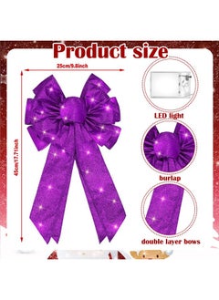 Giegxin Giegxin 2 Pcs Lighted Christmas Bows LED Wreath Bow Xmas Purple Burlap Bow 18 x 10 Inch Glitter LED Lights Bow Winter Door Wall Decor Christmas Tree Topper for Indoor Outdoor Decoration  - Image 2
