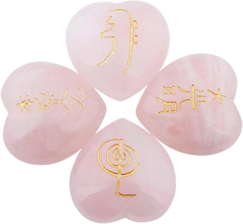 SUNYIK Rose Quartz Heart Gemstone with Engraved Chakra Symbols Palm Stone Worry Stones Set of 4