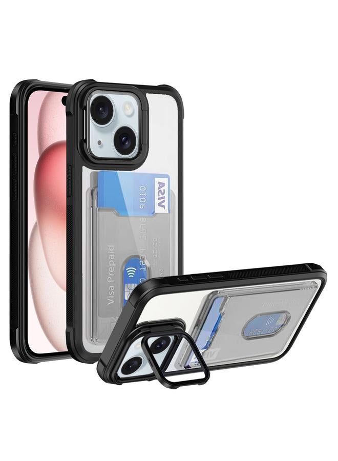 Zaboon For iPhone 15 Card Bag Holder Acrylic Hybrid TPU Phone Case(Black)