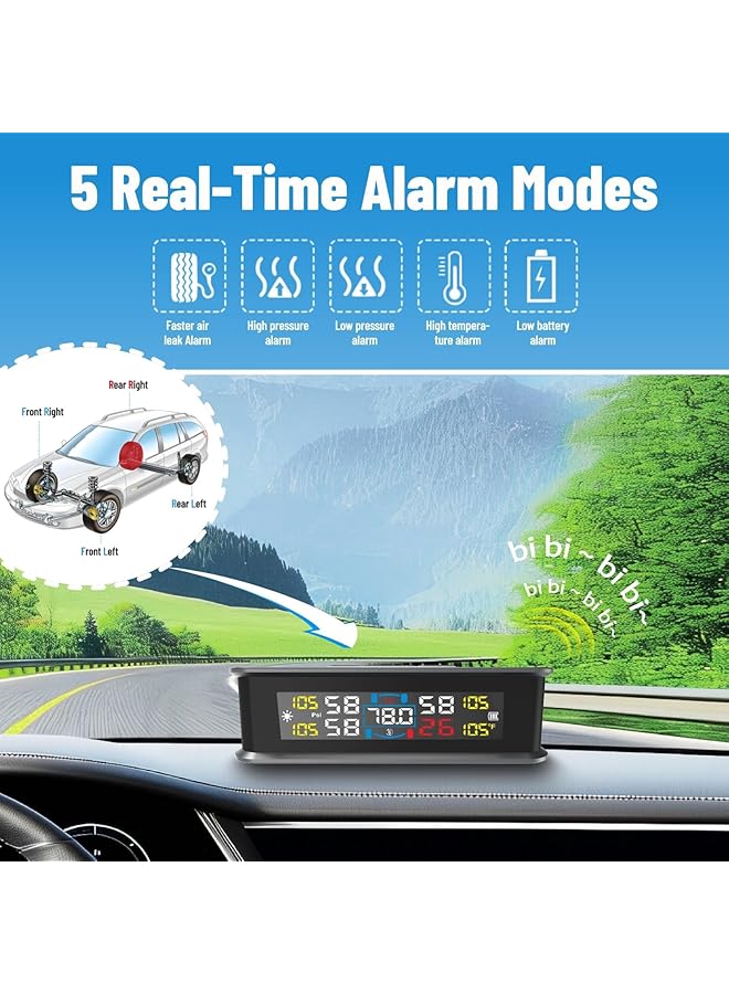 KASTWAVE Tire Pressure Monitoring System With Solar Charger, Tpms 4 Sensors, Real-Time Pressure And Temperature, Lcd Display 5 Alarm Modes, Easy Installation For Car, Rv, Suv, Mpv (External) - Image 2