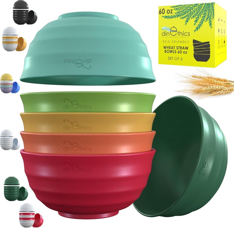 DINETHICS Deep Wheat Straw Bowls 60 OZ  6 Dishwasher Safe Microwavable Bowls For Kitchen  Large Cereal bowl  Large Soup Bowl For Eating  Salad Bowl  Big Breakfast  PHO bowls For Ramen Rice Noodle Snacks - Image 1