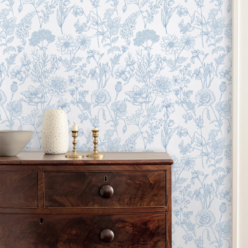 EeeComing Floral Peel and Sick Wallpaper Boho Contact Paper Modern White and Blue Peel and Stick Wall Paper Removable Self Adhesive Wallpaper for Bedroom Bathroom Cabinets Vinyl Roll 17.3â€X118.1â€ - Image 5