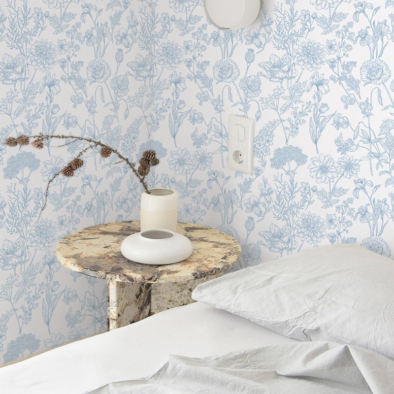 EeeComing Floral Peel and Sick Wallpaper Boho Contact Paper Modern White and Blue Peel and Stick Wall Paper Removable Self Adhesive Wallpaper for Bedroom Bathroom Cabinets Vinyl Roll 17.3â€X118.1â€ - Image 2