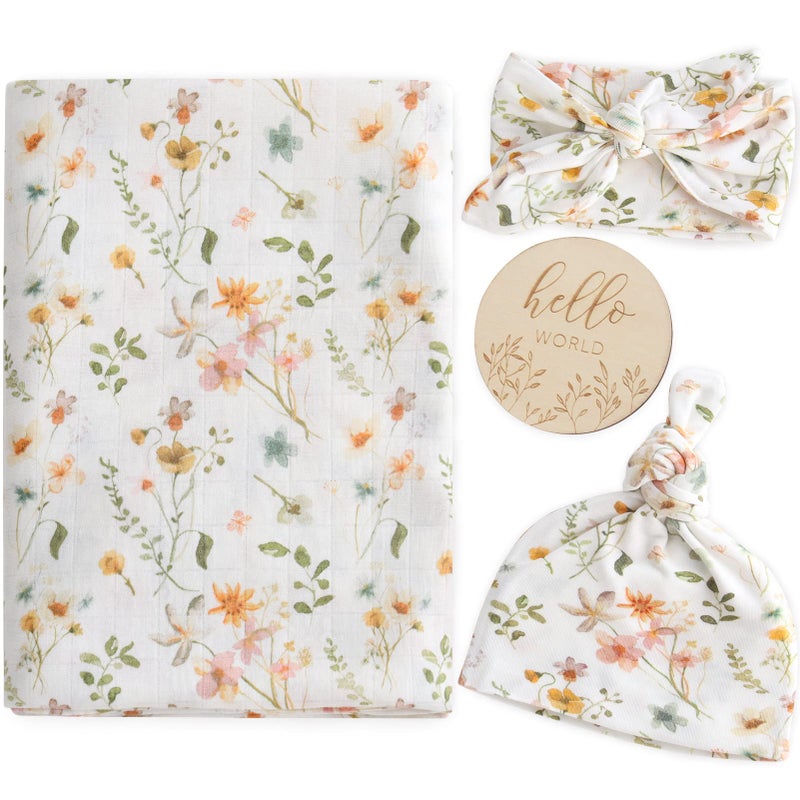 LifeTree Newborn Swaddle Set with Matching Hat and Bow Set, Wooden Birth Announcement Card, Floral Baby Girl Newborn Receiving Blankets Baby Swaddle Nursery Wildflower - Image 1
