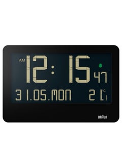 BRAUN Braun Digital Wall Clock with Indoor Temperature, Date, Day of the Week, Large Reverse LCD Display, Quick Set, Beep Alarm in Black, model BC14B. 