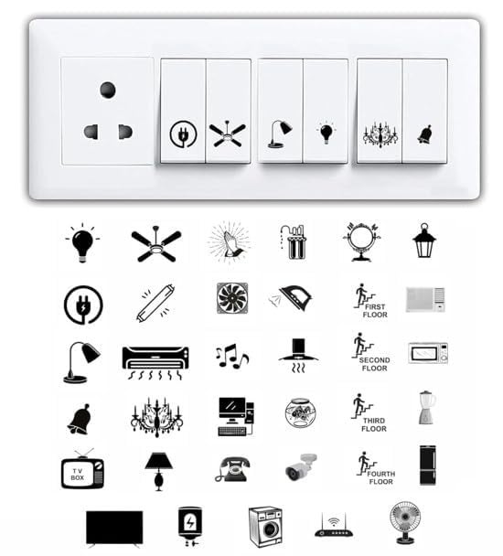S M Prints Switch Board Stickers for Home and Office 35 Pattern 600 Pcs Self Adhesive Modern Electric White and Black Switch Board Stickers Pack of 4 Sheet Set of 2 - Image 1