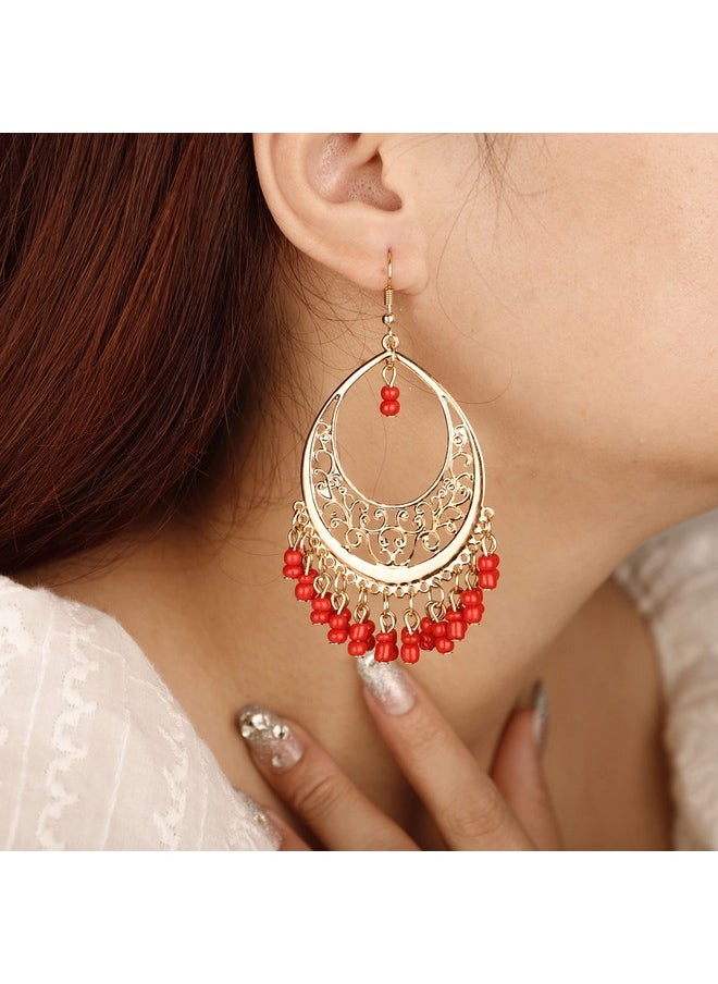 YERTTER Vintage Gold Dangle Earrings Red Beads Tassel Dangle Hollow Vintage Lightweight Hoop Earring Bohemian Hook Earrings Ethnic Style Accessories For Women Girls（Red）  - Image 2
