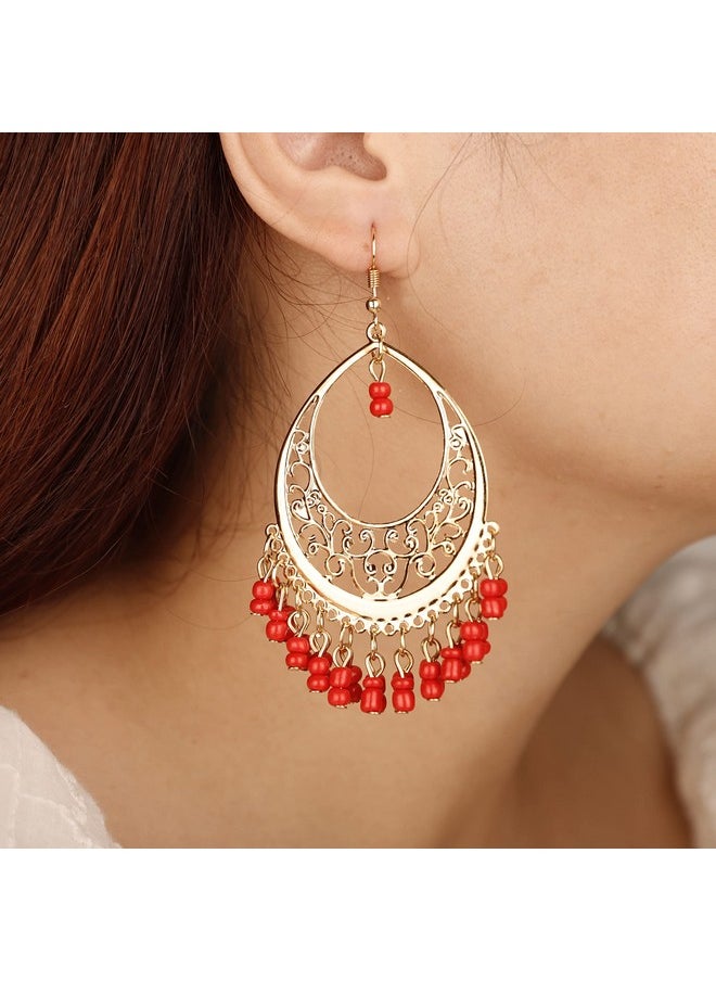 YERTTER Vintage Gold Dangle Earrings Red Beads Tassel Dangle Hollow Vintage Lightweight Hoop Earring Bohemian Hook Earrings Ethnic Style Accessories For Women Girls（Red）  - Image 3