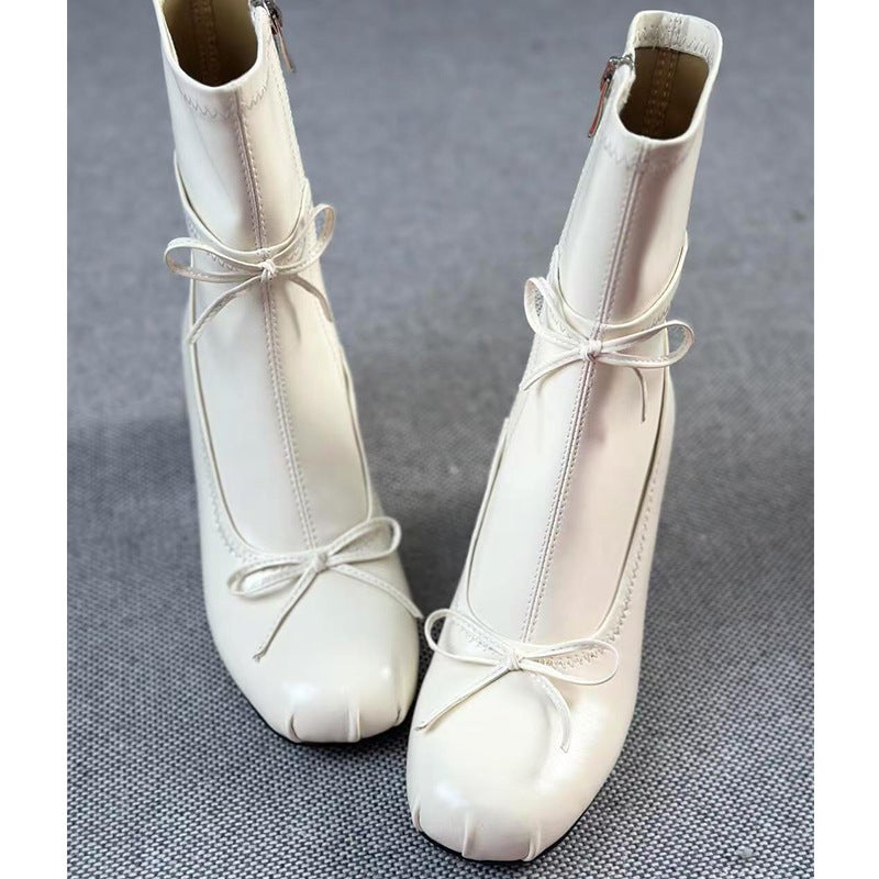 Women's White Round Toe Casual Boots with Block Heel - Image 3