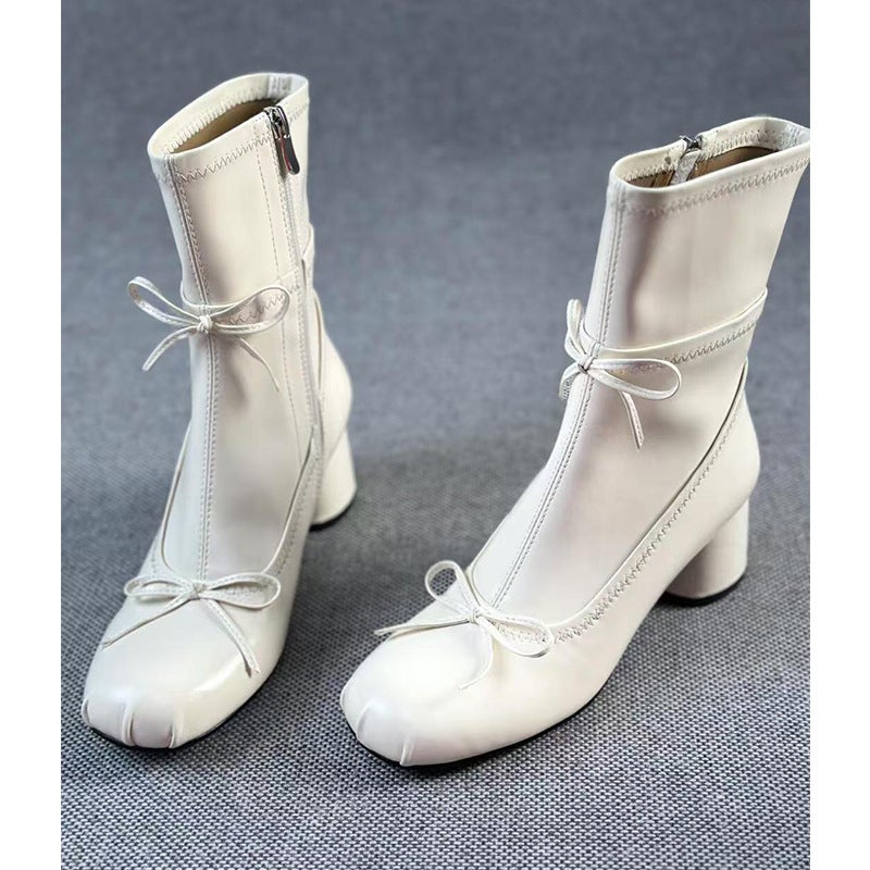Women's White Round Toe Casual Boots with Block Heel - Image 4