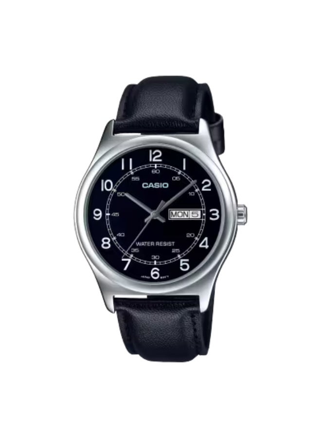 Casio Men’s Analog Classic Watch MTP-V006L-1B2UDF, Black Dial, Stick Indexes, Day & Date Display, Genuine Leather Strap, Stainless Steel Case, 30M Water Resistant, Elegant Everyday Quartz Wristwatch