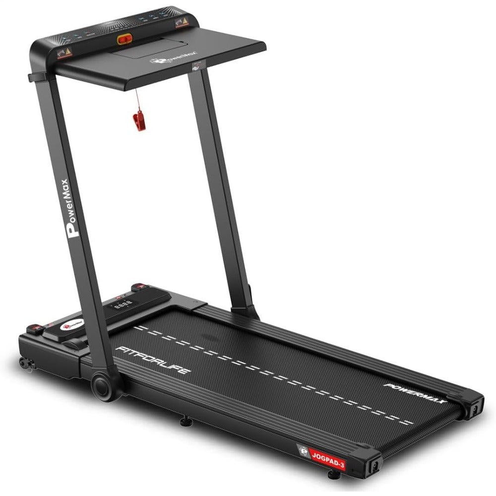Home workout treadmill with motorized 2-in-1 under-desk design, aluminum alloy frame, black finish, quiet 4HP peak motor, LED display, Bluetooth, speaker, iPad holder, 12 km/h max speed, 110kg capacity
