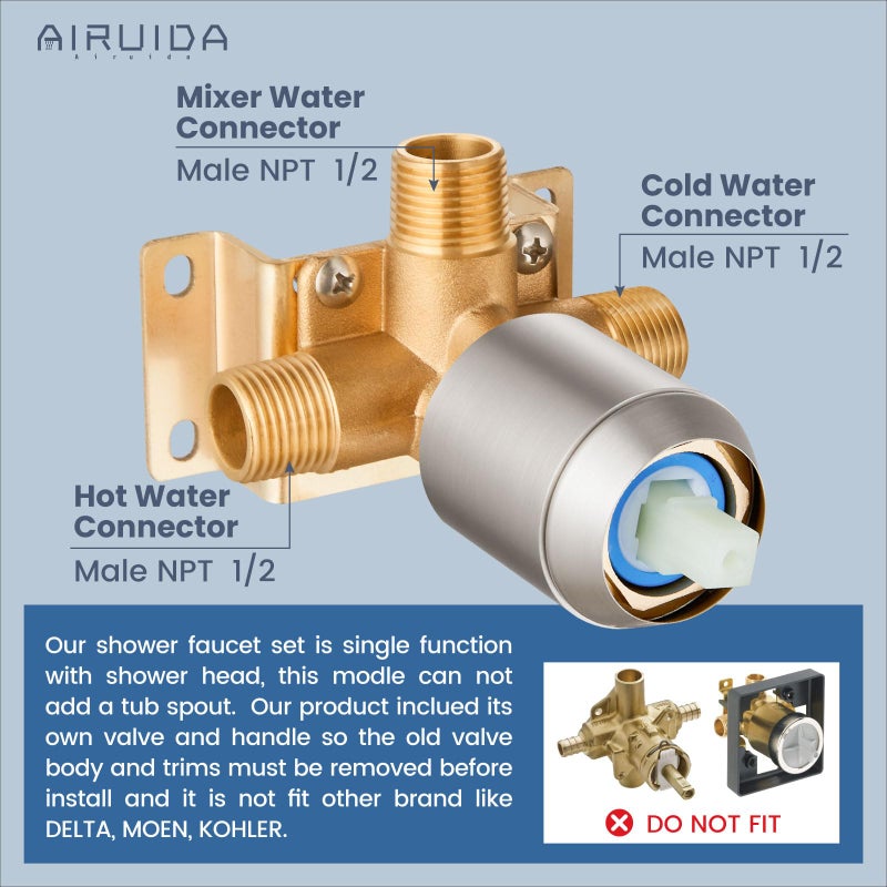 Airuida Single Function Shower Trim Kit Shower Faucet Set Wall Mount 8 Inch Round Rainfall Shower Head And Handle Set Single Handle Shower System Set With Male Threads Valve Brushed Nickel - Image 2