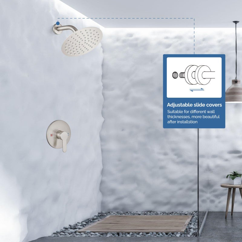 Airuida Single Function Shower Trim Kit Shower Faucet Set Wall Mount 8 Inch Round Rainfall Shower Head And Handle Set Single Handle Shower System Set With Male Threads Valve Brushed Nickel - Image 3