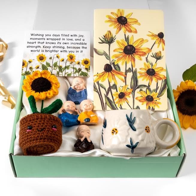 Rarejoy Gift Hamper for Women Handwoven Crochet Pot 4 Cute Little Buddhas Greeting Card Journal Combo Pack of 5 Corporate Valentine Womens Birthday Anniversary Day Gift (Sunflower Theme) - Image 2