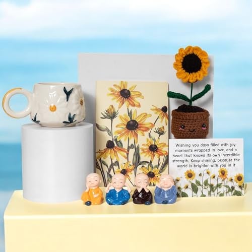 Rarejoy Gift Hamper for Women Handwoven Crochet Pot 4 Cute Little Buddhas Greeting Card Journal Combo Pack of 5 Corporate Valentine Womens Birthday Anniversary Day Gift (Sunflower Theme) - Image 1