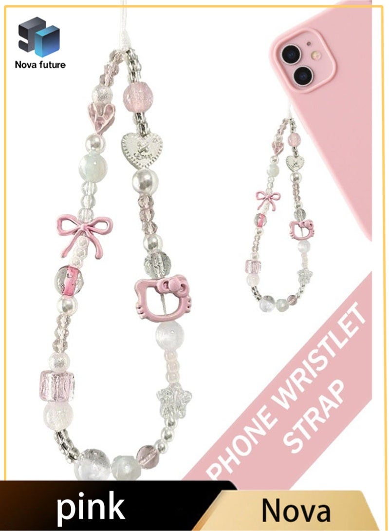 Nova future Kawaii Beaded Pearl Phone Charms Strap Cute Bowknot Cell Phone Lanyard Wrist Strap - Image 1
