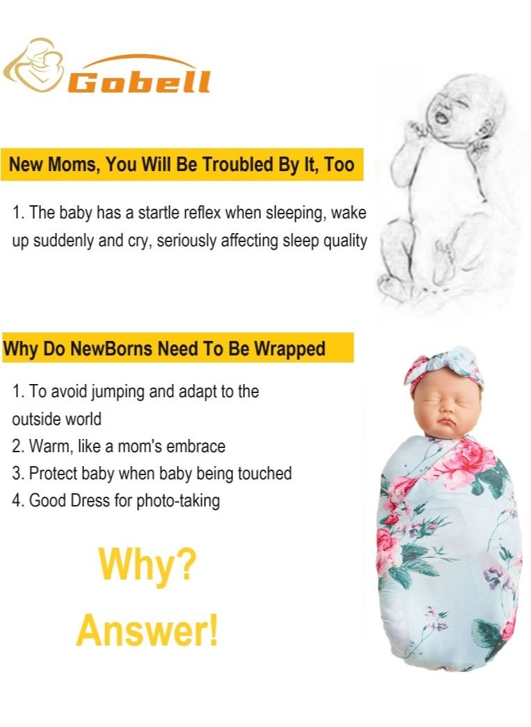 Gobell Baby Swaddle Set Fresh Flower Pattern 3 Pieces Of Newborn Swaddle Blanket Headband And Beanie Hat  - Image 5