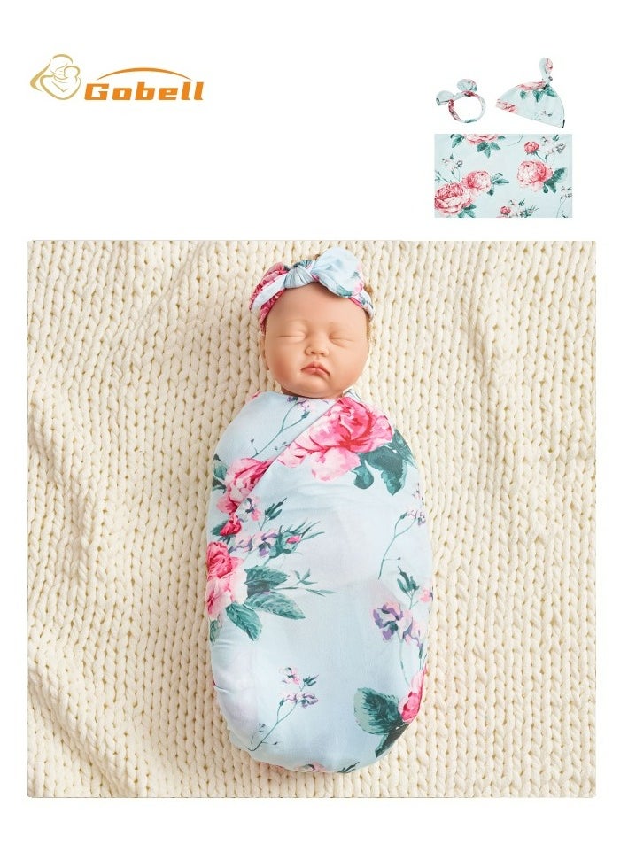 Gobell Baby Swaddle Set Fresh Flower Pattern 3 Pieces Of Newborn Swaddle Blanket Headband And Beanie Hat  - Image 1