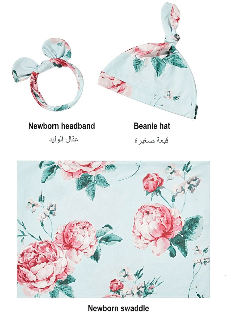 Gobell Baby Swaddle Set Fresh Flower Pattern 3 Pieces Of Newborn Swaddle Blanket Headband And Beanie Hat  - Image 3