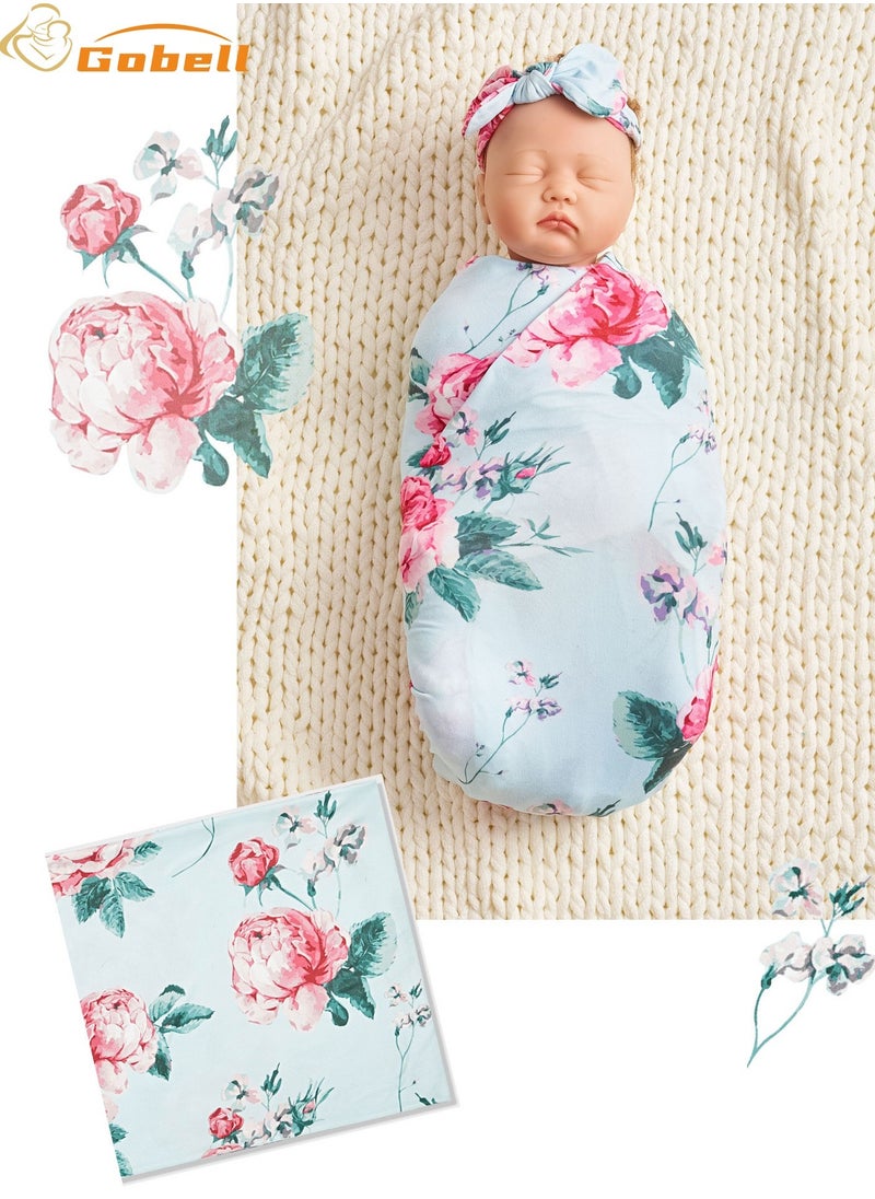 Gobell Baby Swaddle Set Fresh Flower Pattern 3 Pieces Of Newborn Swaddle Blanket Headband And Beanie Hat  - Image 2