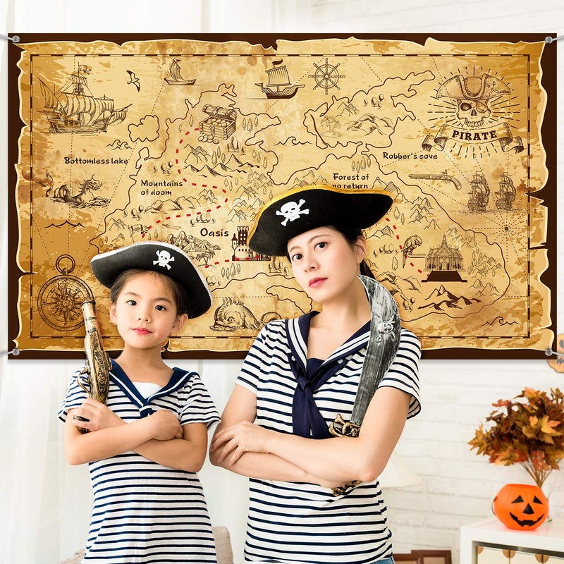 Blulu Pirate Party Decorations Halloween Treasure Map Pirate Theme Backdrop Background Jewelry Map Banner Photography for Halloween Party Supplies Carnival Birthday - Image 4