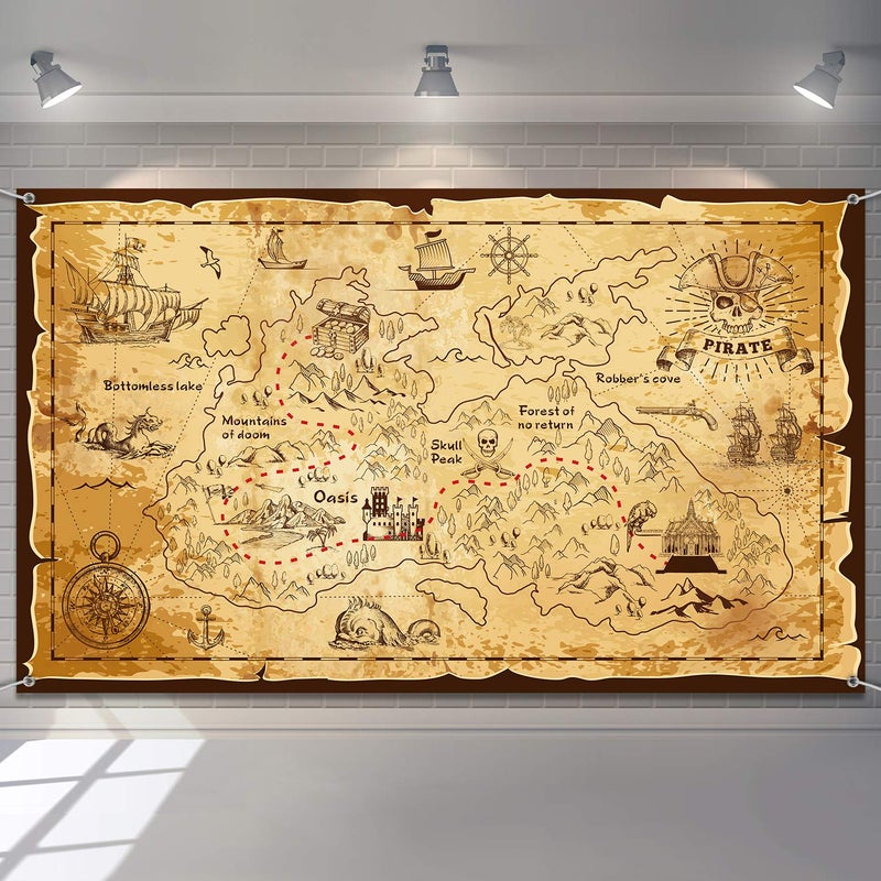 Blulu Pirate Party Decorations Halloween Treasure Map Pirate Theme Backdrop Background Jewelry Map Banner Photography for Halloween Party Supplies Carnival Birthday - Image 1