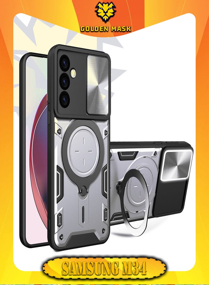 GOLDEN MASK For Samsung Galaxy M34 Armored Camera Shield Cover Camera Lend Protection, Built-in 360° (Silver)