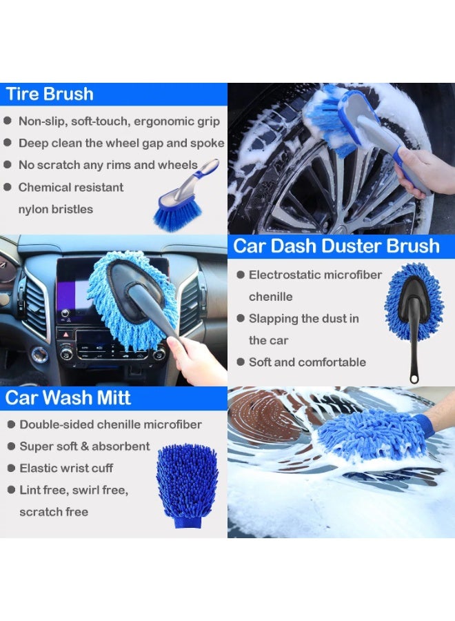 Soofam Car Wash Detailing Kit Cleaning Kits with Bag Collapsible Bucket Wash Mitt Sponge Towels Tire Brush  Complete Interior Exterior Car Washing Supply Set Blue - Image 2