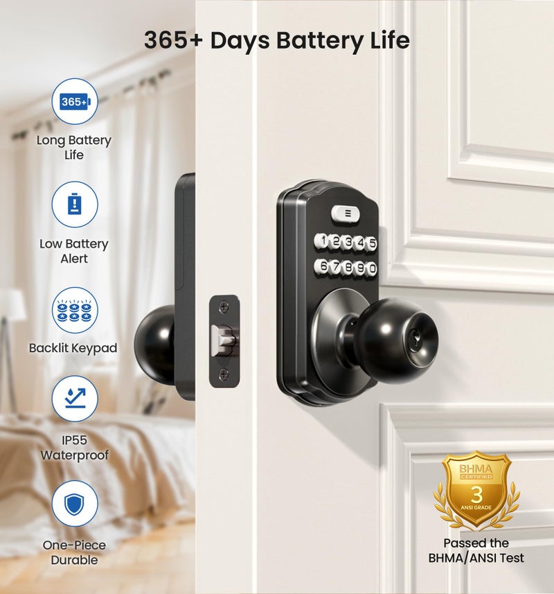 Veise Keypad Door Knob Lock, Keyless Entry Digital Lock with Handle, Electronic Smart Knob for Front Door & Bedroom, Easy Install, Auto Lock, Passage Mode, Anti-Peeping Password, Matte Black - Image 3