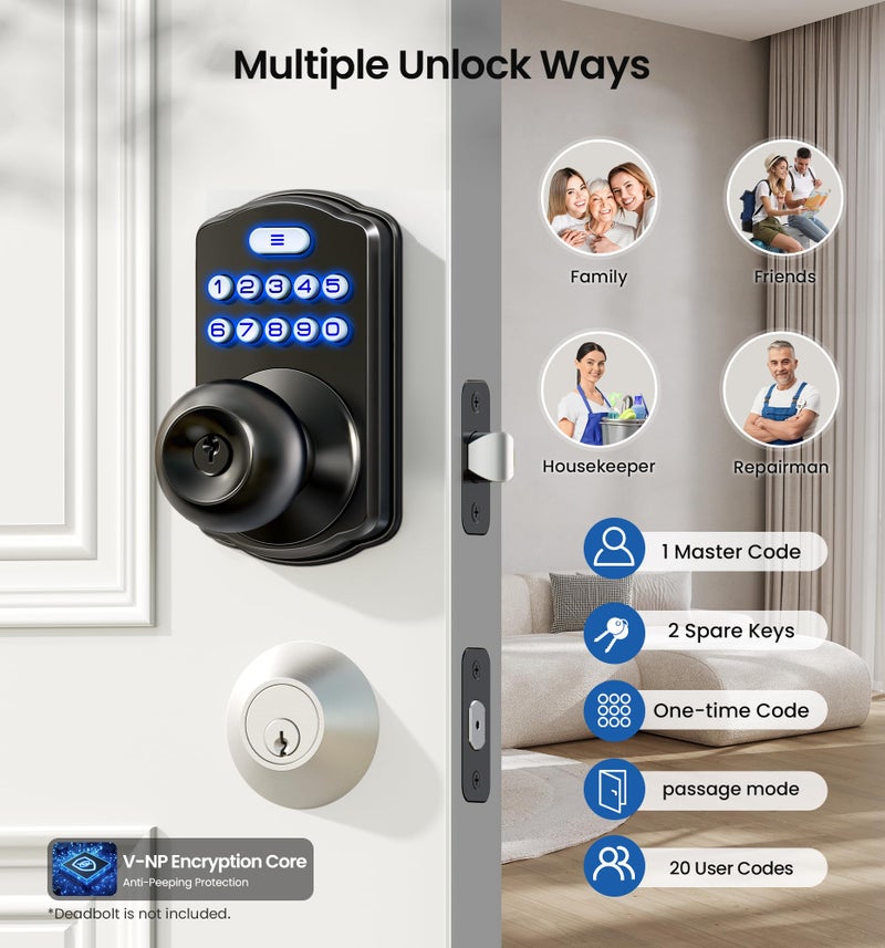 Veise Keypad Door Knob Lock, Keyless Entry Digital Lock with Handle, Electronic Smart Knob for Front Door & Bedroom, Easy Install, Auto Lock, Passage Mode, Anti-Peeping Password, Matte Black - Image 2
