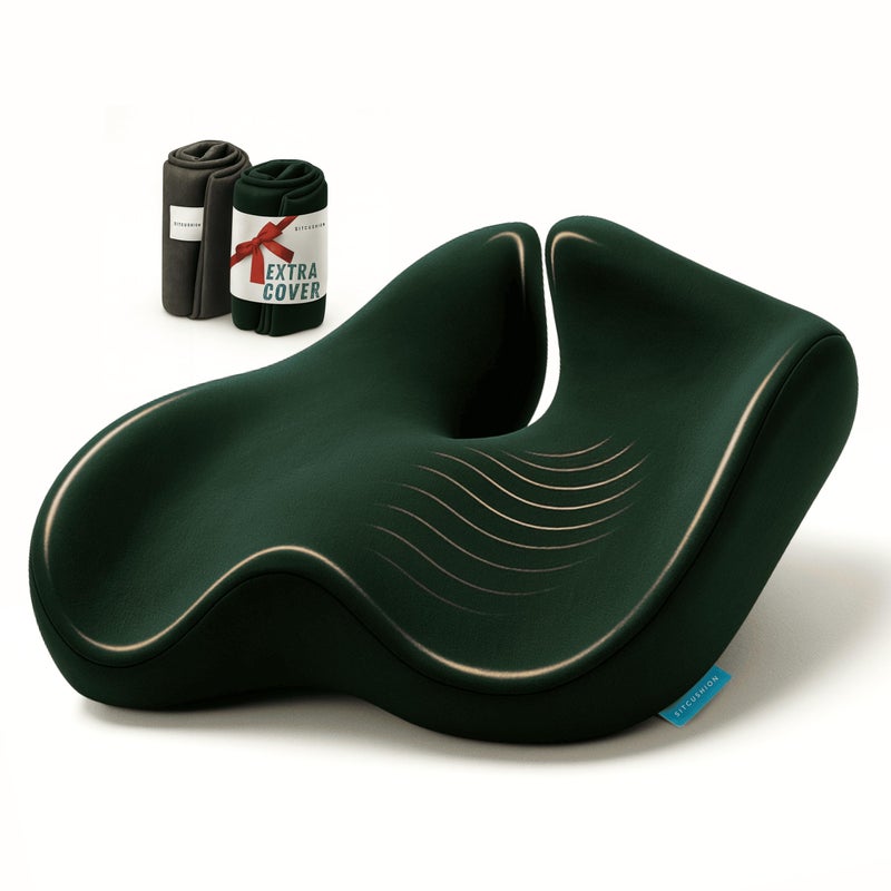 SitCushion Orthopedic Coccyx Cushion for Tailbone Pain Relief Sciatica and Back Pain XL Memory Foam Seat Cushions for Office Chairs Car Gaming Ergonomic Cushion with Removable Spare Cover Green - Image 2