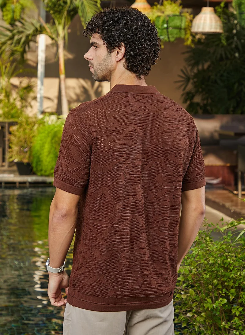 كامبوس سوترا Men's Russet Brown Fluid-Knit Polo Shirt