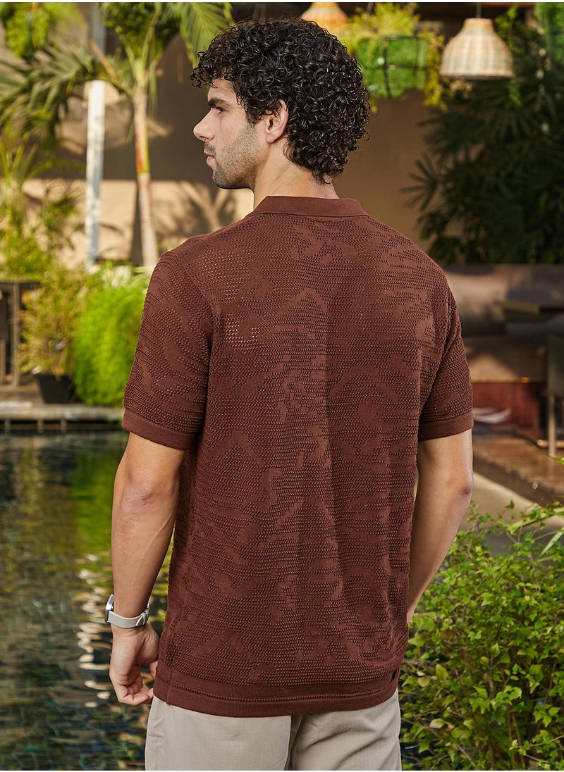 كامبوس سوترا Men's Russet Brown Fluid-Knit Polo Shirt  - Image 5