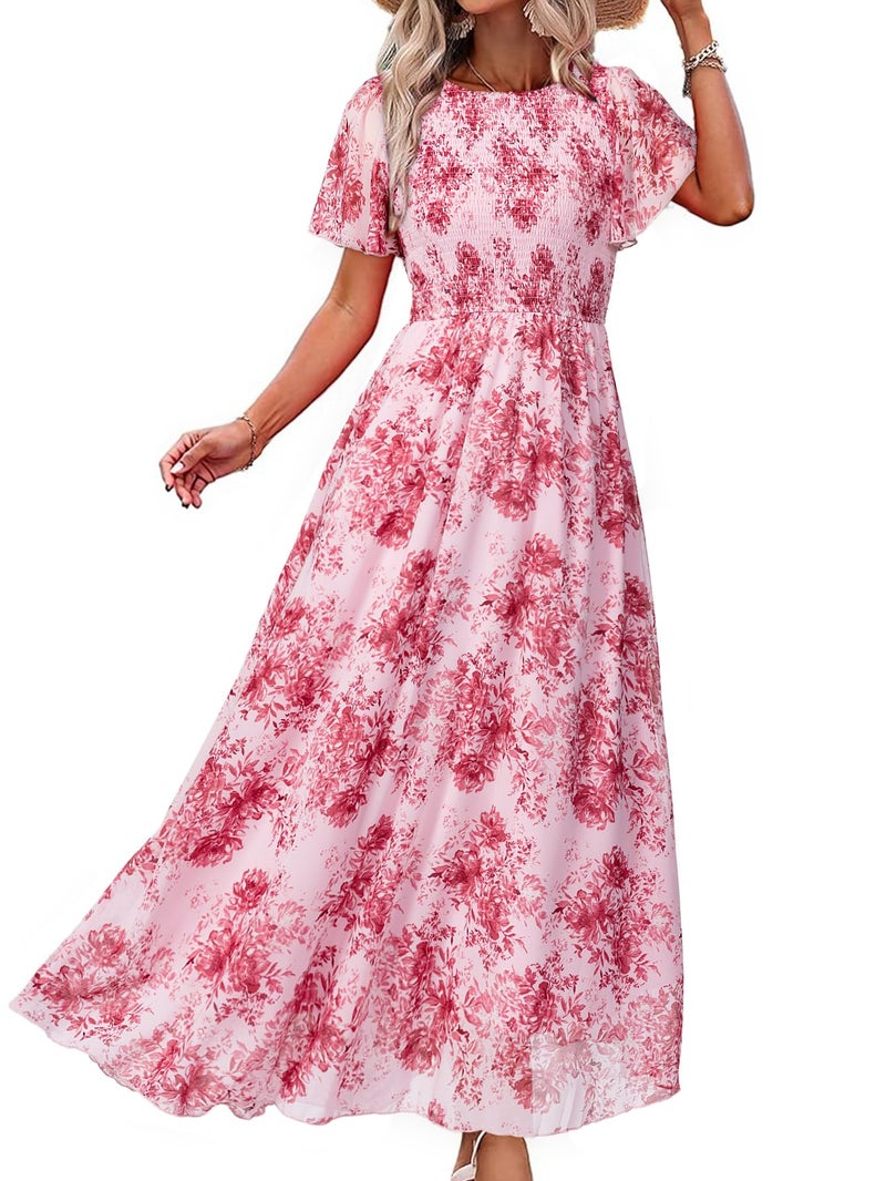 Simplee Apparel Simplee Womens Floral Maxi Wedding Guest Dress Bohemian Short Sleeve Loose Sundress Lightweight Flowy Prom Vacation Dress(Floral Pink XL) - Image 1