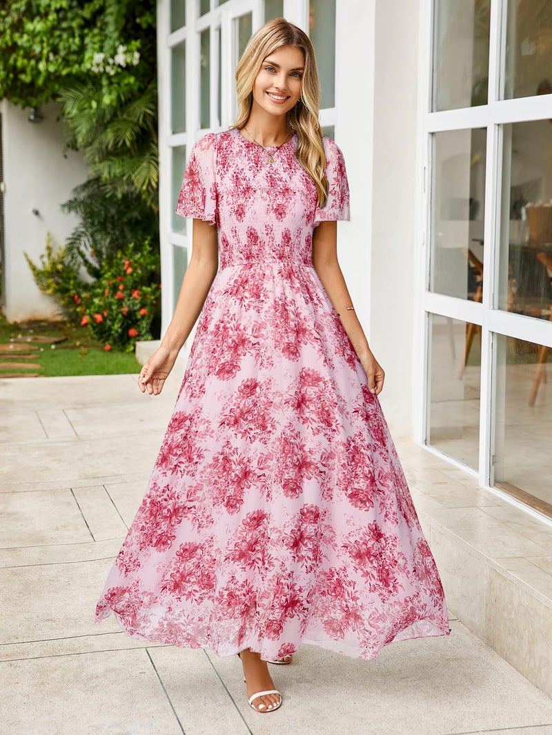 Simplee Apparel Simplee Womens Floral Maxi Wedding Guest Dress Bohemian Short Sleeve Loose Sundress Lightweight Flowy Prom Vacation Dress(Floral Pink XL) - Image 5