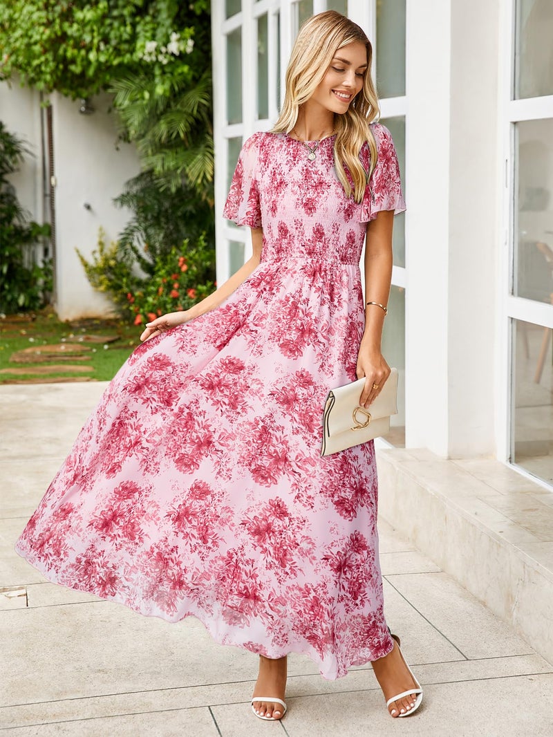 Simplee Apparel Simplee Womens Floral Maxi Wedding Guest Dress Bohemian Short Sleeve Loose Sundress Lightweight Flowy Prom Vacation Dress(Floral Pink XL) - Image 3