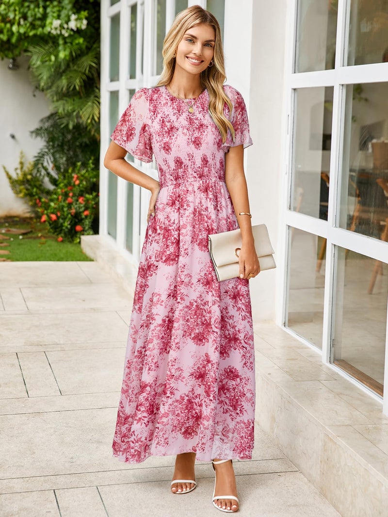Simplee Apparel Simplee Womens Floral Maxi Wedding Guest Dress Bohemian Short Sleeve Loose Sundress Lightweight Flowy Prom Vacation Dress(Floral Pink XL) - Image 2