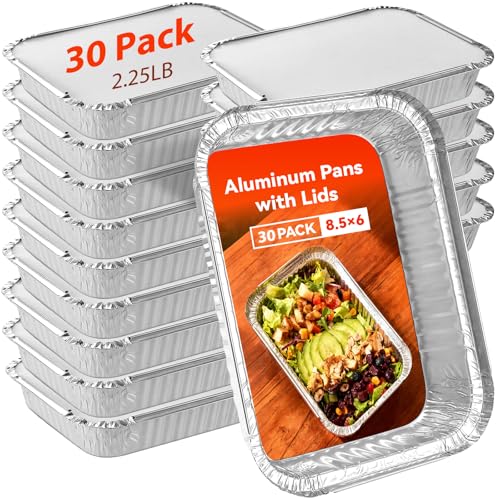 Homewarm Aluminum Foil Pans with Lids - 2.25 LB To Go Food Containers Disposable Tin Foil Meal Prep Containers with Lids, 30 Pans and 30 Cardboard Covers for Baking, Freezer & Food Storage, 8.5" X 6" (30 Pack) - Image 1