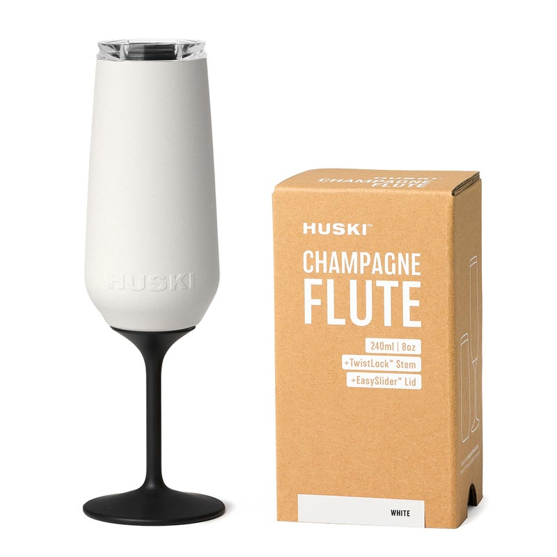 Huski Champagne Flute  New  AwardWinning Design with Detachable Stem  Premium Stainless Steel Champagne Glass with Lid  Triple Insulated Tumbler  240ml Capacity  Great Gift White