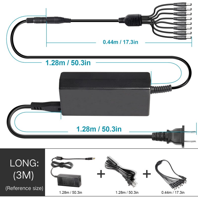 Fancy Buying Security Camera Power Adapter 12V 5A 100V-240V AC to DC 8-Way Power Splitter Cable FCC Certified LED Power Transformers-Fits Analog/AHD DVR/Camera, RGB LED Strip Lights - Image 2
